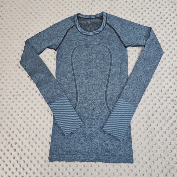 Lululemon Indian Ocean Aqua Blue Black Swiftly Long Sleeve Crew Shirt 0/2 XS - Picture 1 of 9